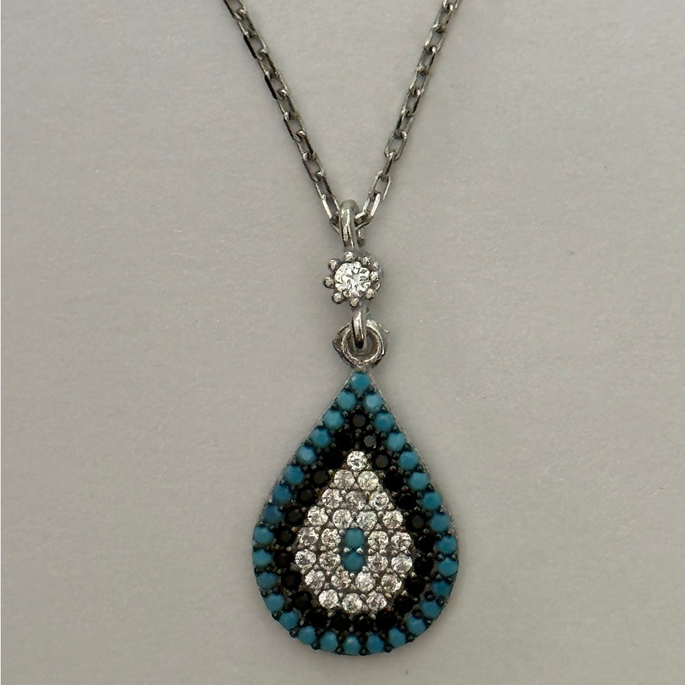 🧿 925 Silver necklace fancy drop evil eye cz turquoise - Picture 1 of 3